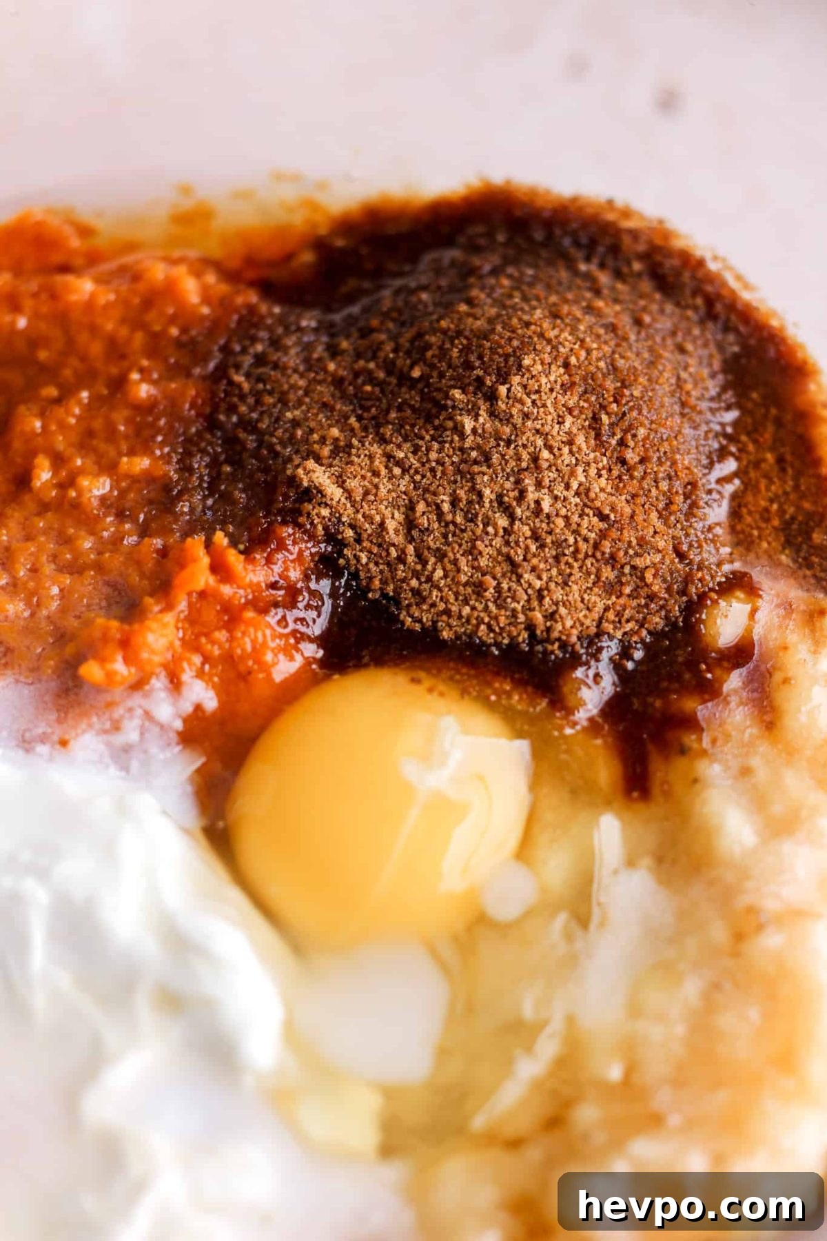 macro shot of pumpkin puree, coconut sugar, greek yogurt and an egg for pumpkin banana bread recipe
