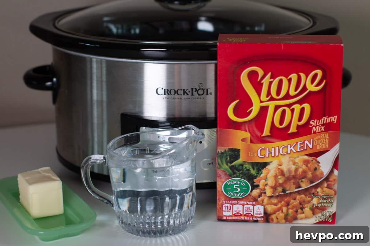 ingredients for stove top stuffing in front of a slow cooker
