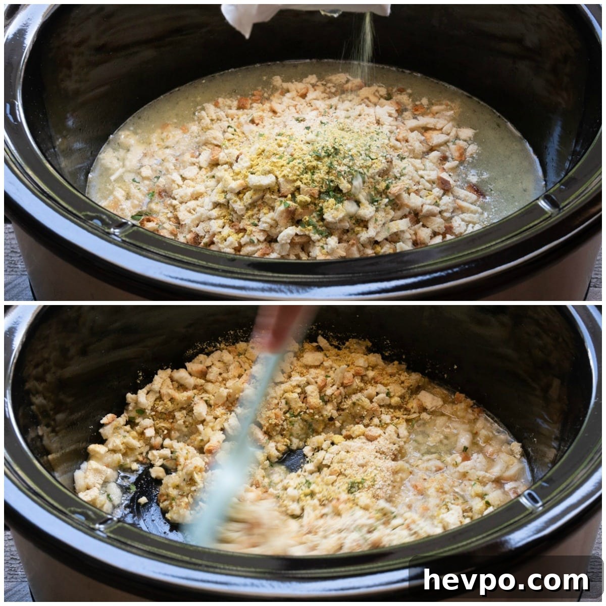 2 image collage. Top image is stuffing being poured into a slow cooker. Bottom, spatula stirring stuffing.