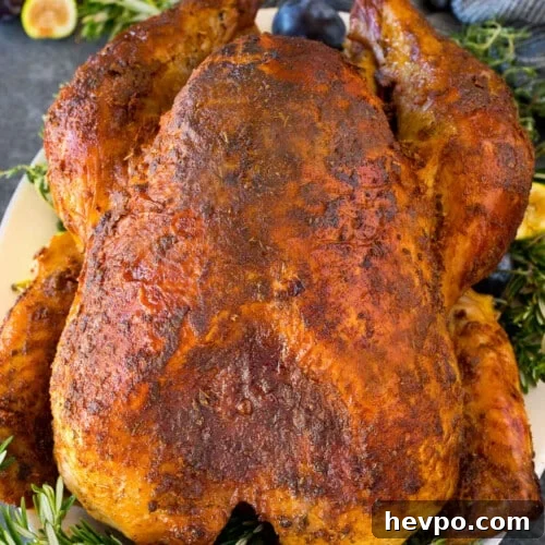 Cajun-Roasted Turkey Recipe for Bold, Spicy Flavor 12 A Cajun turkey on a serving platter garnished with fruit and herbs.