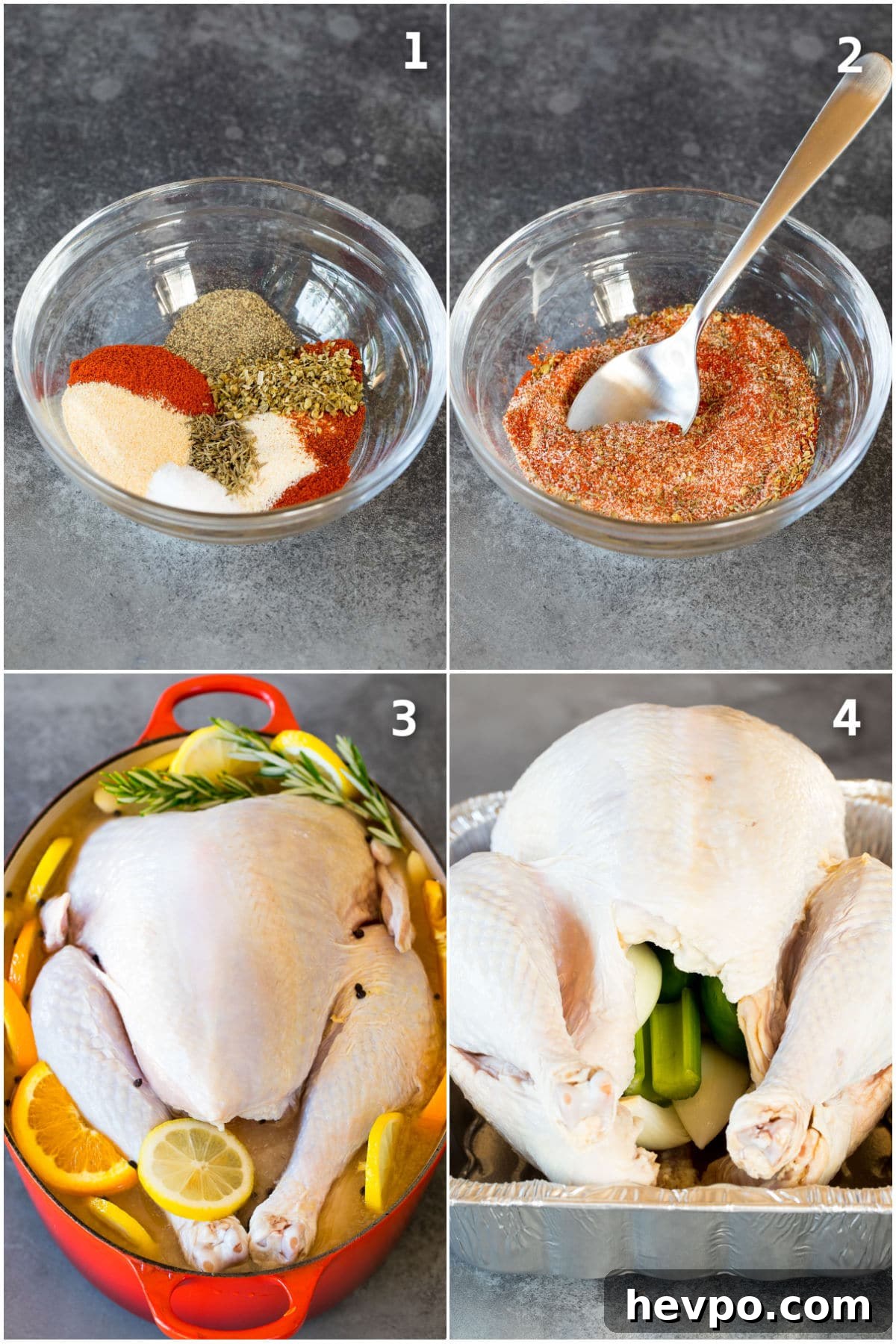 Cajun-Roasted Turkey Recipe for Bold, Spicy Flavor 4 Spices being mixed together and a turkey being brined and stuffed.