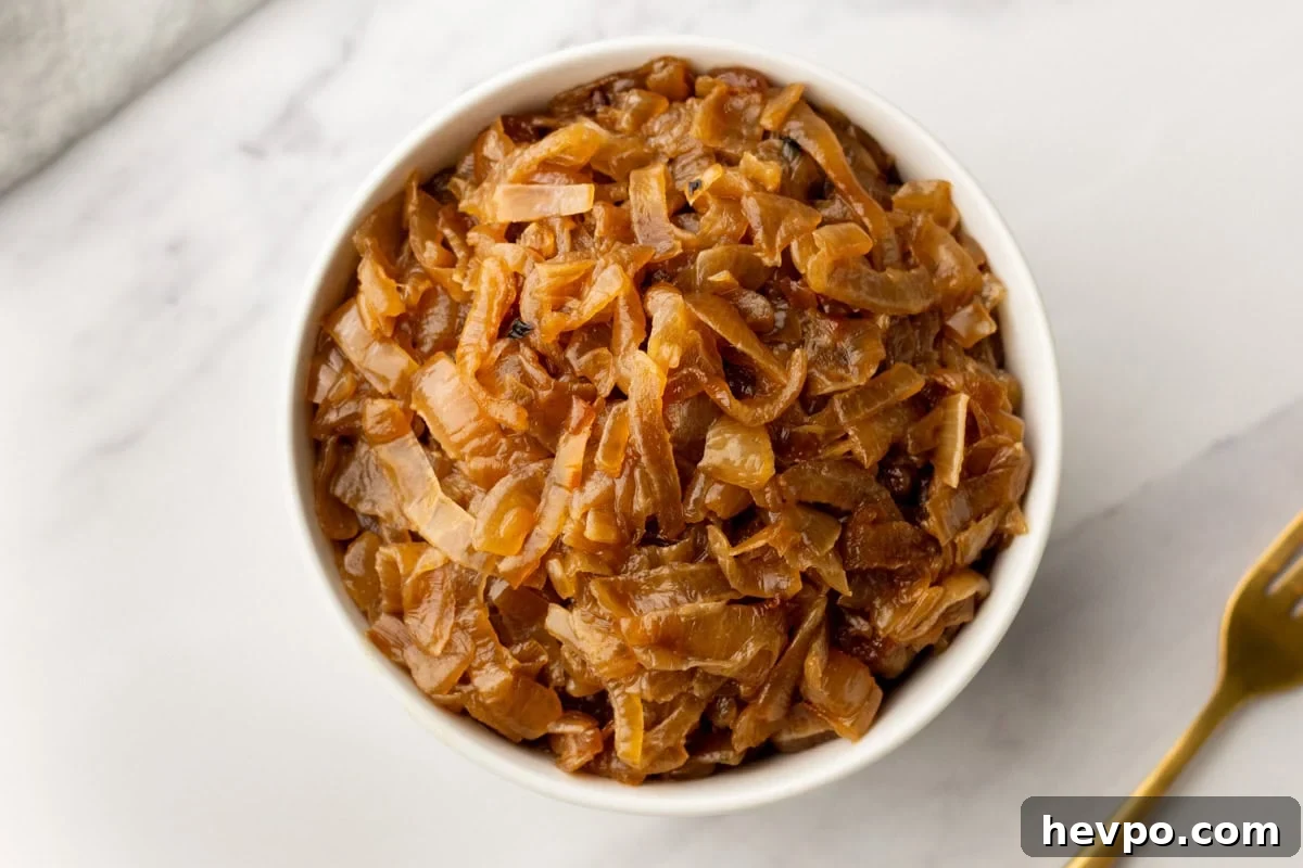 Slow Cooker Caramelized Onions Recipe for Sweet, Hands-Off Flavor 5 An overhead image of slow cooker caramelized onions in a bowl.