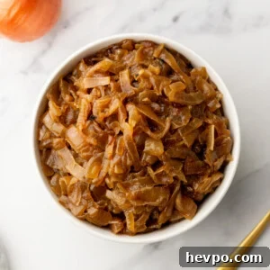 Slow Cooker Caramelized Onions Recipe for Sweet, Hands-Off Flavor 10 An overhead image of crockpot caramelized onions in a bowl.