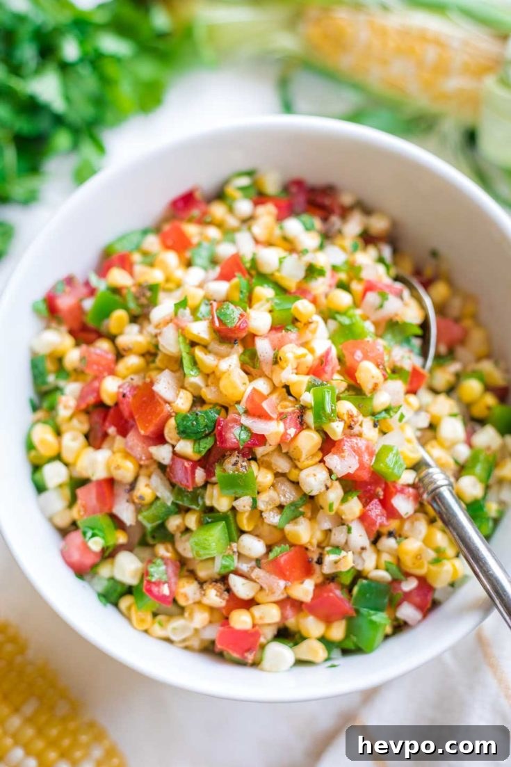Overhead photo of corn salsa in a bowl
