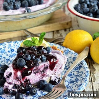 Blueberry Yogurt Pie is the perfect dessert for summer! This pie starts off with a simple shortbread crust filled filled with yogurt and blueberries then topped off with lemon blueberry fruit spread.