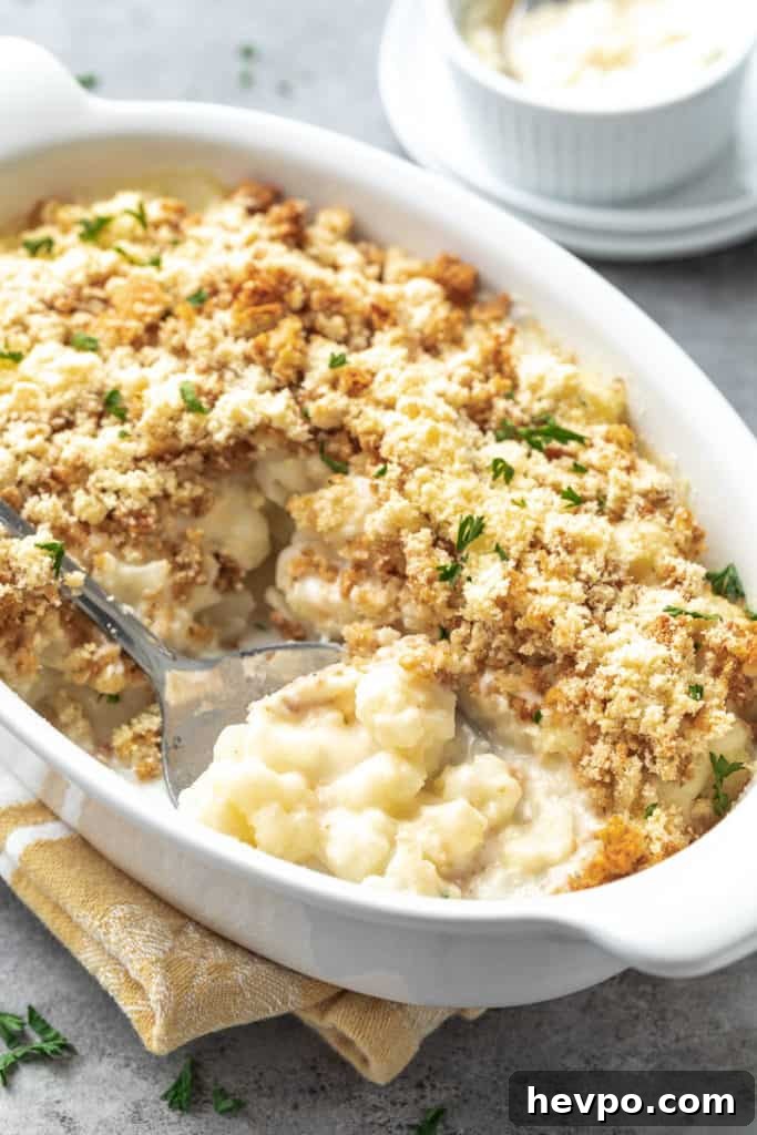 Cheesy Cauliflower Casserole with Crispy Panko Topping 2 Cauliflower casserole with breadcrumb topping.