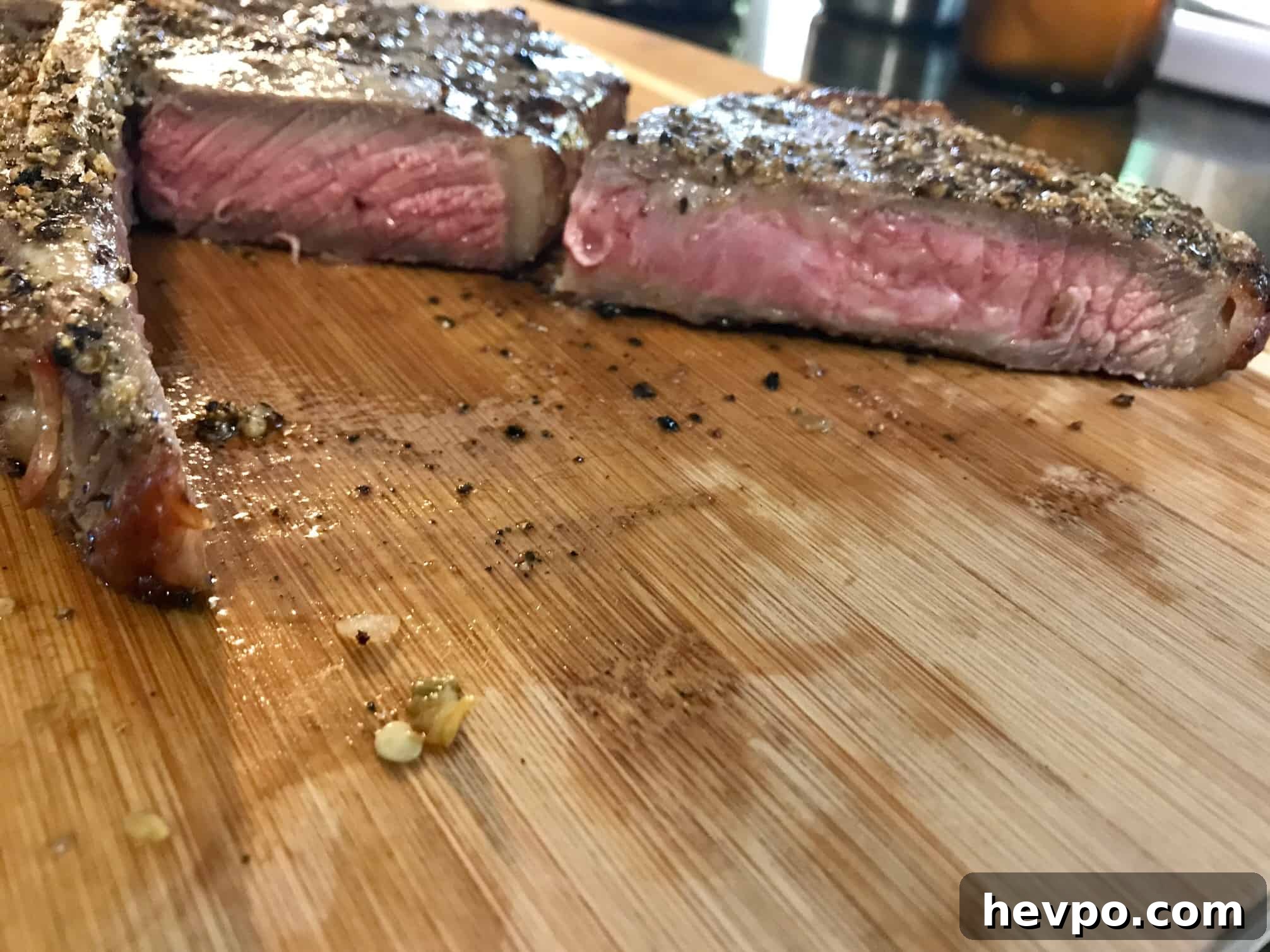 Reverse Sear Steak slice from side to show pink inside