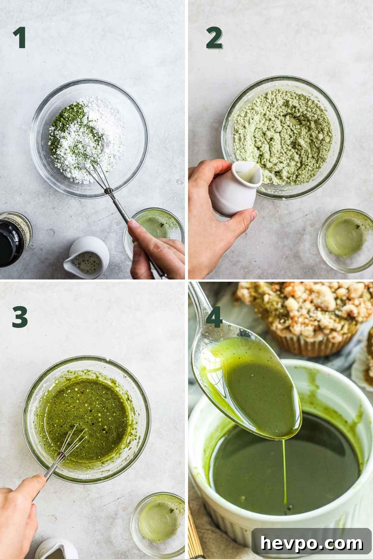 Steps to make matcha vanilla bean glaze, including mixing the dry ingredients, adding the milk, and stirring until smooth.