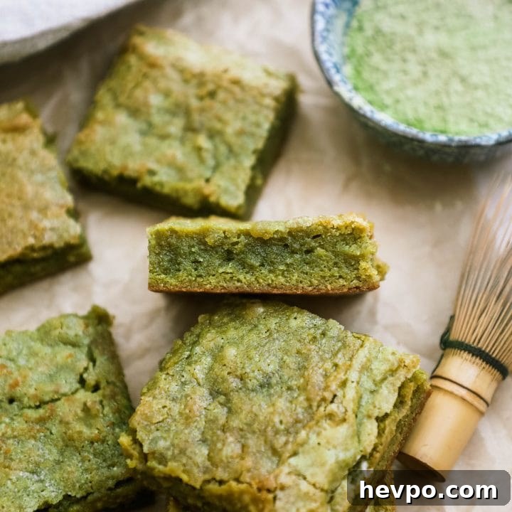 Fudgy green tea matcha brownies with soft and chewy center.
