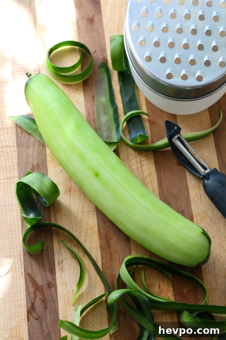 Use a vegetable peeler to peel the cucumber and then shred using a coarse cheese grater.