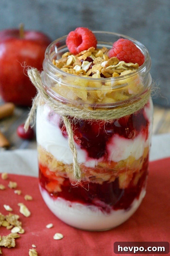 Cranberry Apple Parfait Recipe with Yogurt and Granola 2 cranberry apple parfait in a jar - festive breakfast or dessert for the holidays
