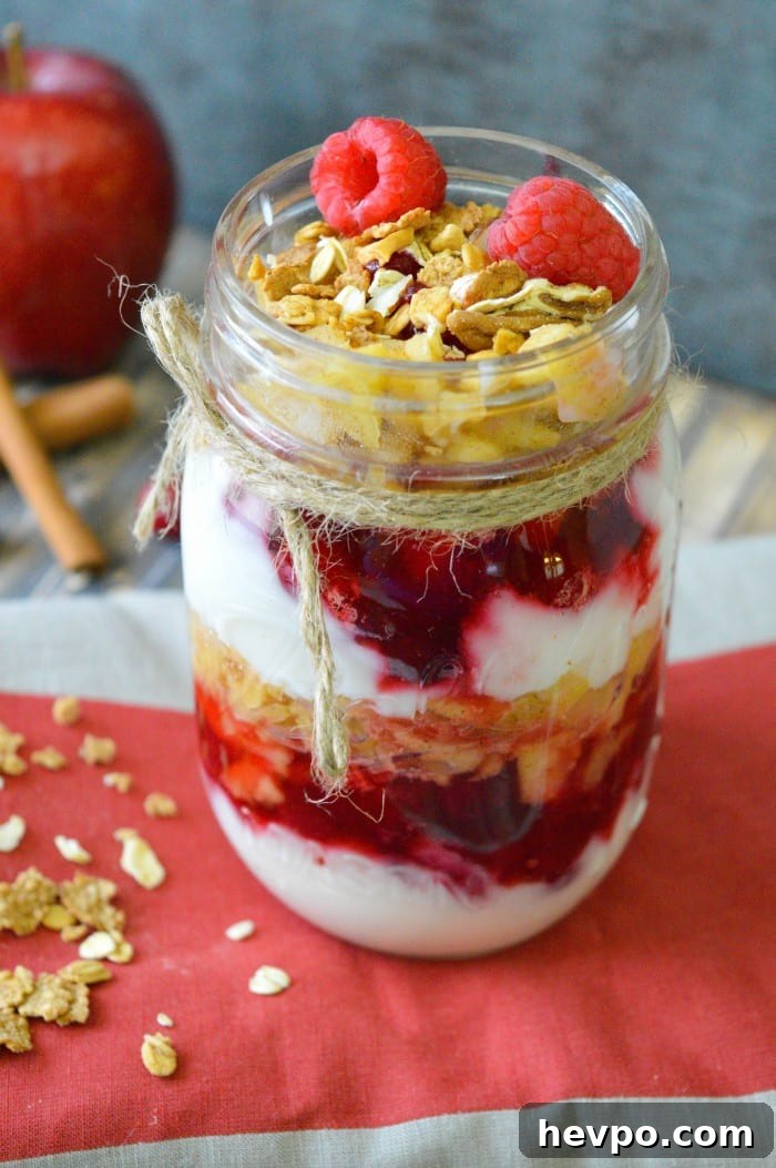 Cranberry Apple Parfait Recipe with Yogurt and Granola 5 Homemade Cranberry Apple Parfait in a Mason Jar
