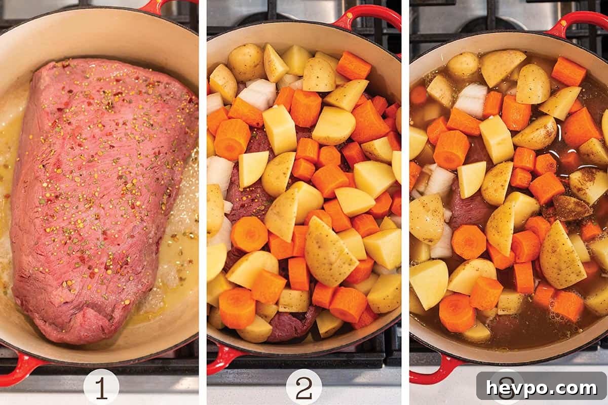 Three images of a cut of brisket being seared and then veggies piled on top.