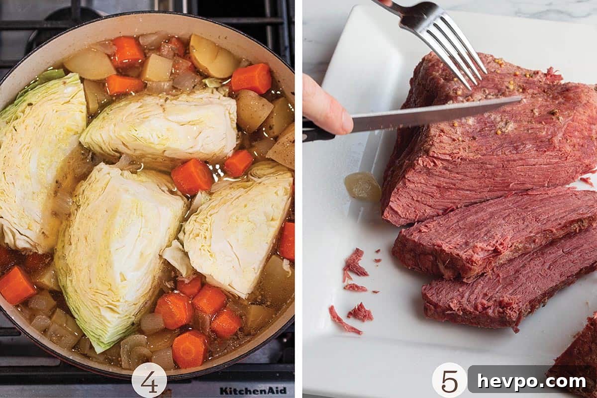Wedges of cabbage in a Dutch Oven and a brisket on a plate being cut.
