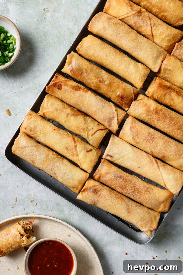 Chicken Spring Rolls on a serving platter with dipping sauce on the side.