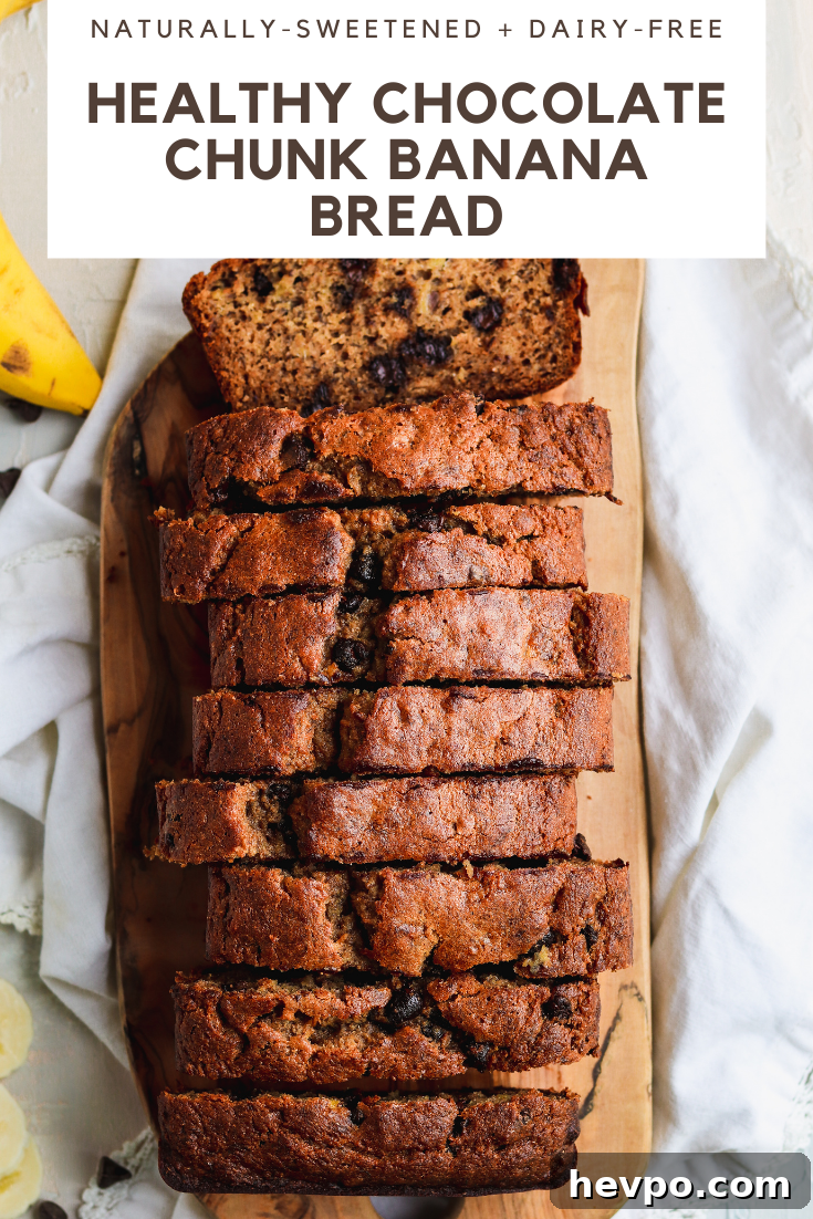 Moist Chocolate Chunk Banana Bread Recipe with Whole Grains 6 Healthy chocolate chunk banana bread is naturally-sweetened, dairy-free, and made with whole wheat flour for a healthy banana bread recipe that's perfect for breakfast or a snack! #bananabread #healthybananabread