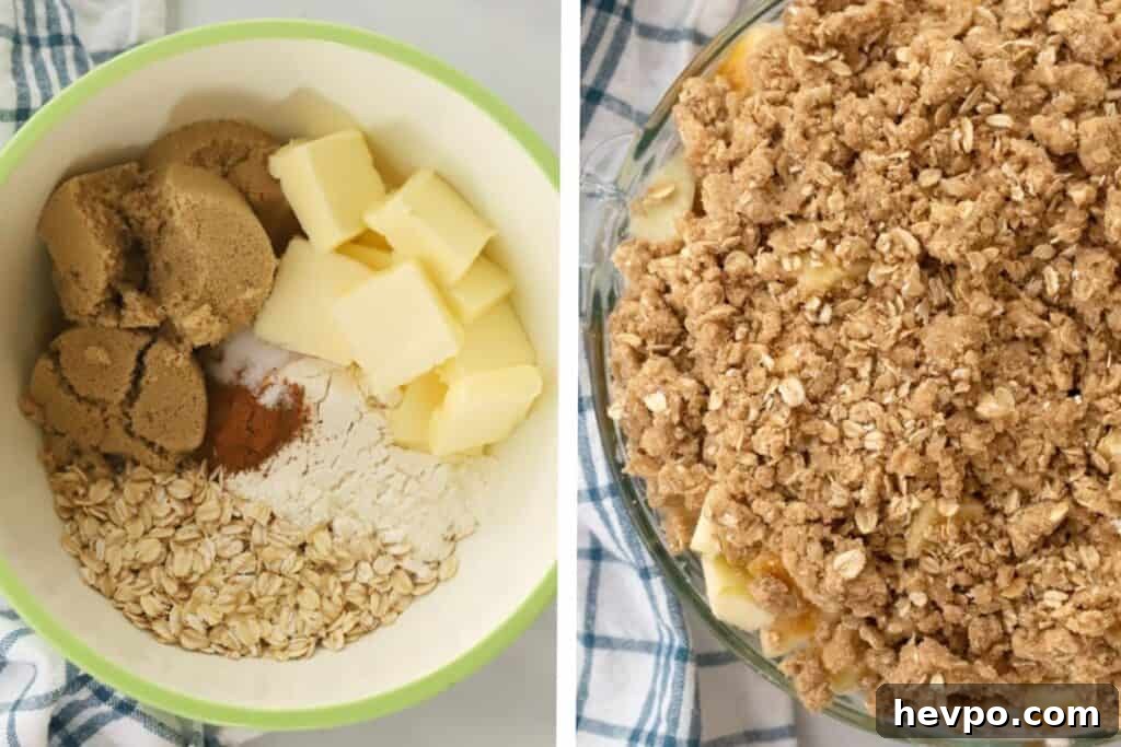 Caramel Apple Crisp with Crunchy Oat Topping Recipe 3 a side by side pic of ingredients for oat topping for apple crisp in a mixing bowl and then Apple crisp with oatmeal topping in a large round baking dish ready to bake.