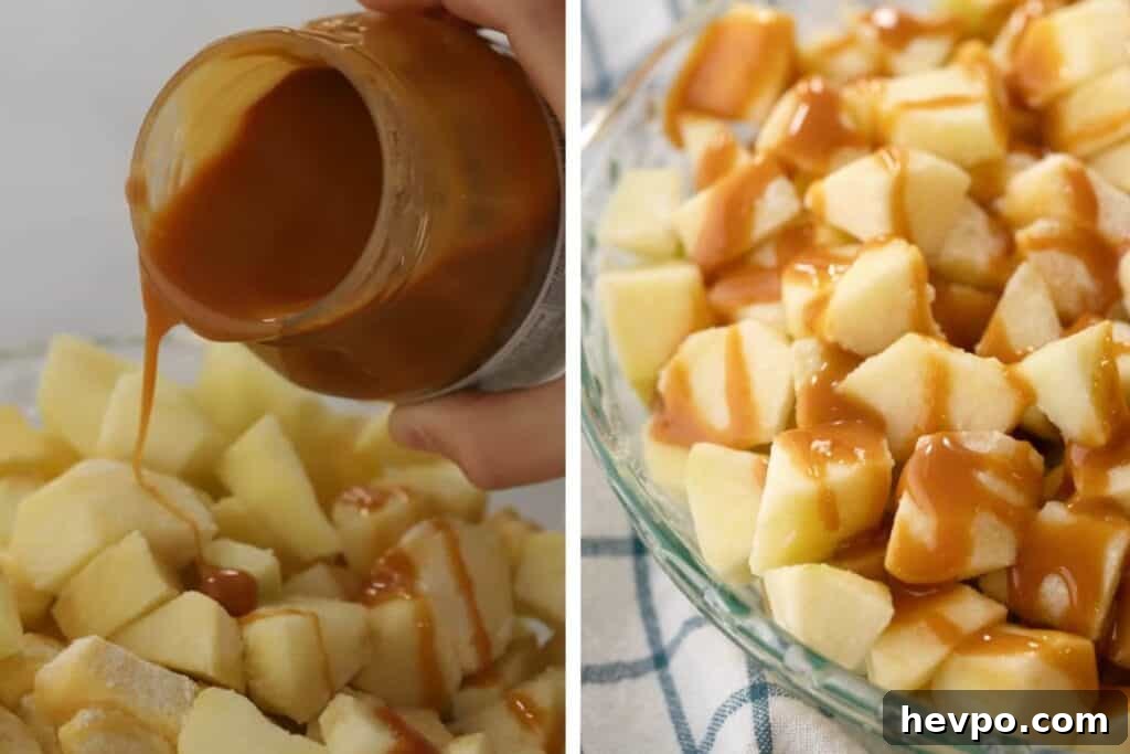 Caramel Apple Crisp with Crunchy Oat Topping Recipe 4 a side by side picture of A hand pouring a jar of caramel sauce of diced apples and then Apples covered in caramel sauce for making this apple crisp with oats.