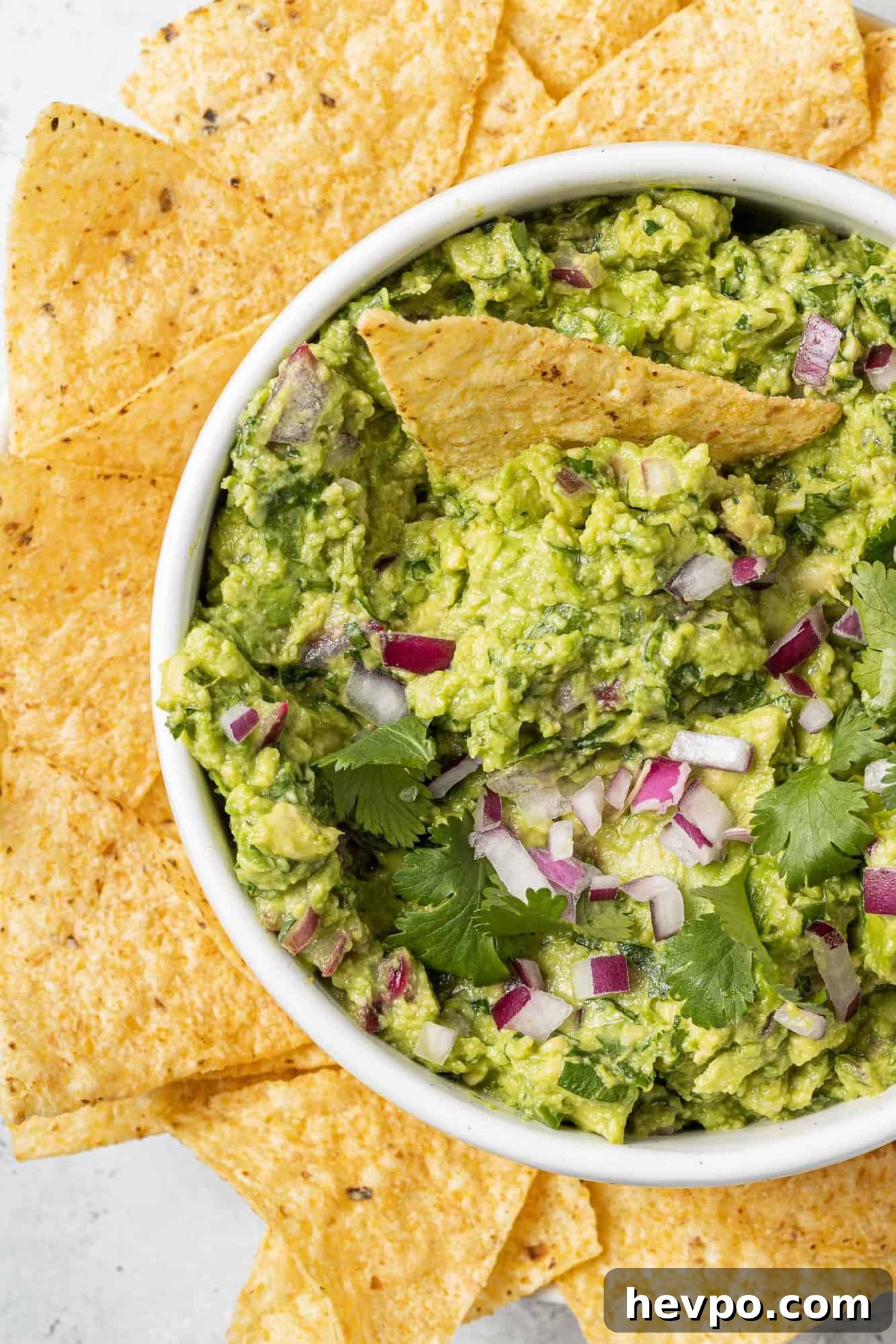 Close up of a bowl of homemade guacamole surrounded by tortilla chips.