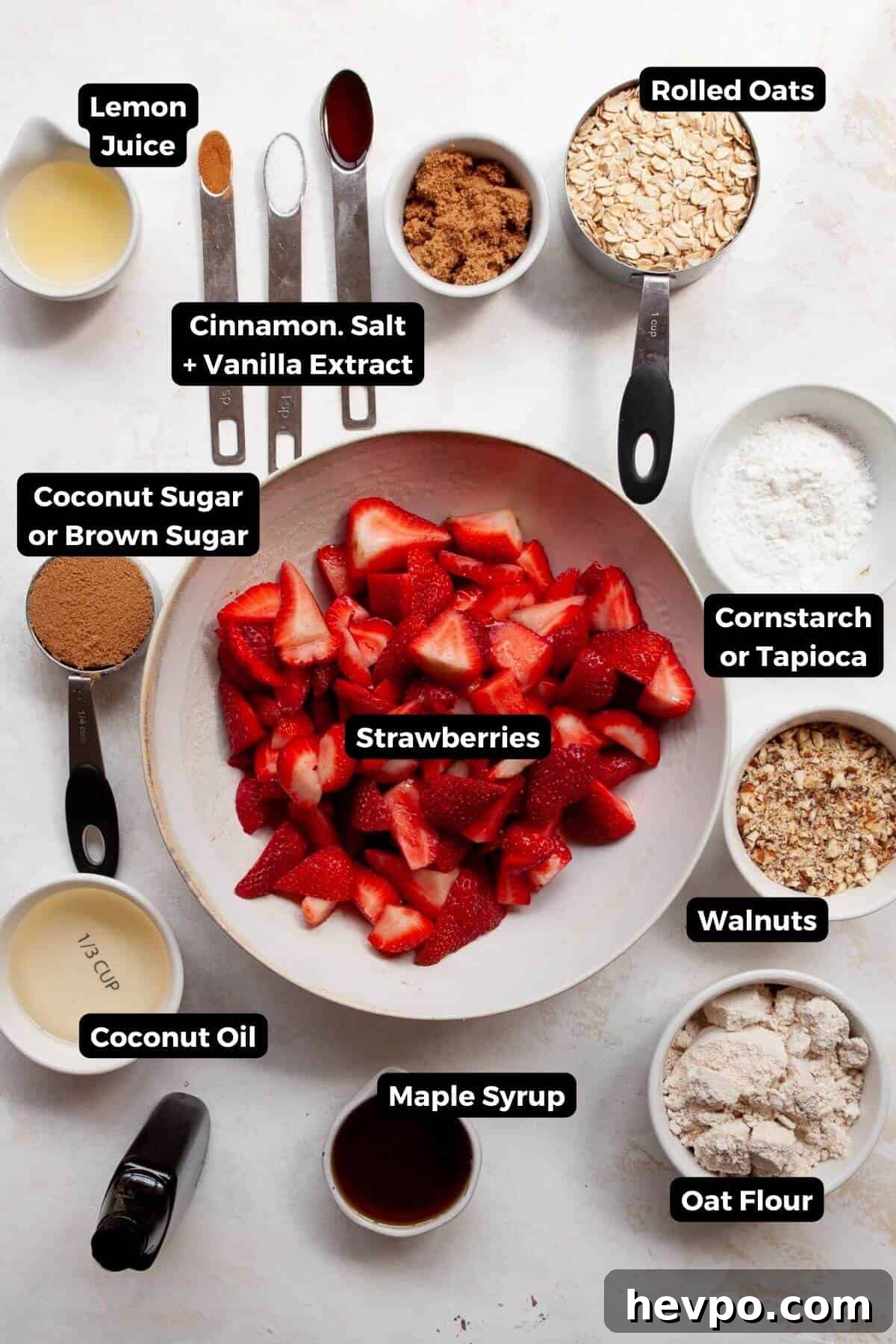 Strawberry Crumble with Oat Topping Recipe 3 Strawberry crumble ingredients including fresh strawberries, rolled oats, oat flour, coconut oil, maple syrup, coconut sugar, and walnuts.