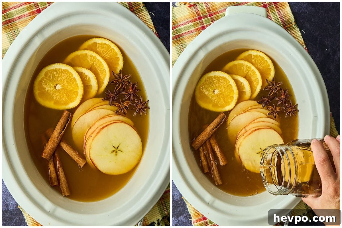 Spiked Slow Cooker Apple Cider Recipe for Cozy Gatherings 4 crockpot with cider and hand adding captain morgans rum