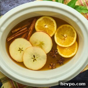 Spiked Slow Cooker Apple Cider Recipe for Cozy Gatherings 7 slow cooker with cider, spices, and oranges.