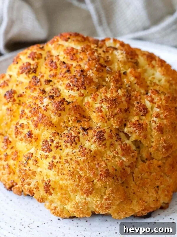 A whole roasted cauliflower on a plate with a napkin.
