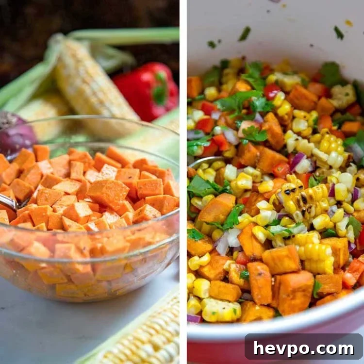 This healthy Sweet Potato and Corn Salad has roasted sweet potatoes and corn, bell peppers and pumpkins seeds tossed in a Mexican crema sauce with lime. prepping ingredients for Sweet Potato and Corn Salad