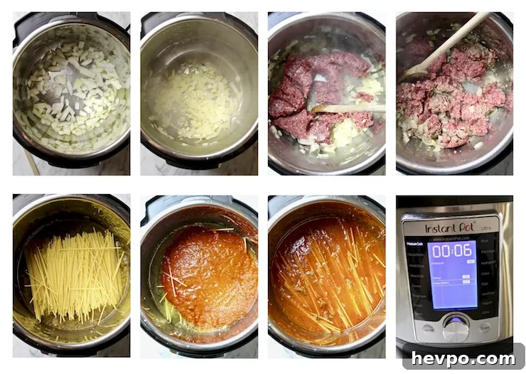 Instant Pot Spaghetti with Savory Meat Sauce 2 Instant Pot Spaghetti with Meat Sauce, step by step photo collage in Instant Pot