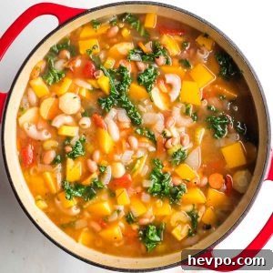 Autumn Vegan Minestrone: Hearty Fall Vegetable Soup 14 Chunky minestrone soup with veggies, beans, pasta and wilted kale in a dutch oven.