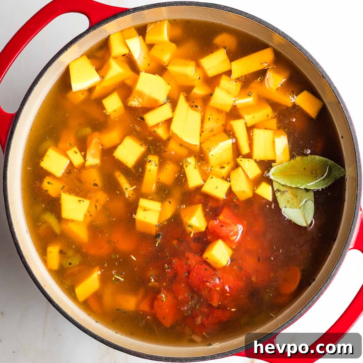 Autumn Vegan Minestrone: Hearty Fall Vegetable Soup 9 Cubes of butternut squash, diced tomatoes and bay leaves, floating in broth in a dutch oven.