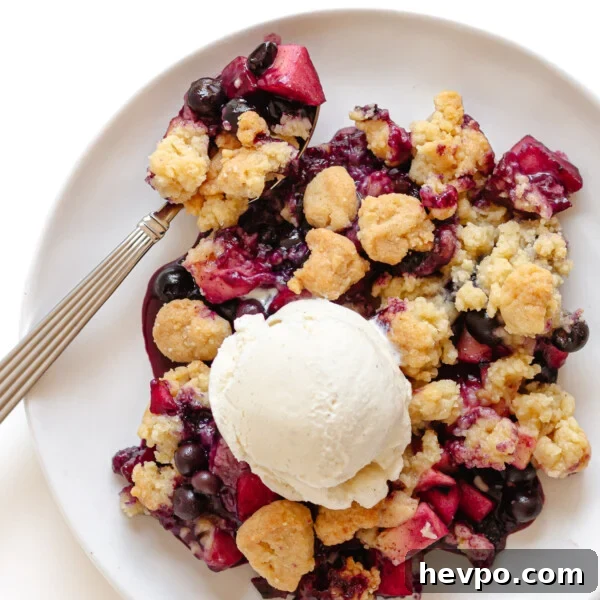 Blueberry and apple crumble on a white plate with spoon and a scoop of vanilla ice cream on top.
