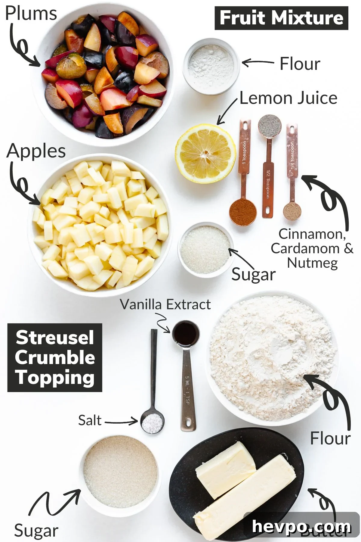 Labelled photo of ingredients needed to make this plum and apple crumble recipe.