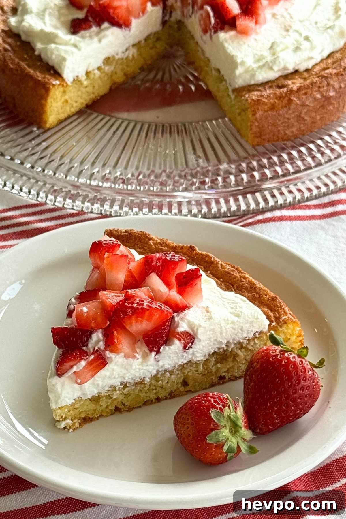 Slice of flourless lemon almond cake topped with whipped cream and strawberries on a white plate with the remaining cake in the background.