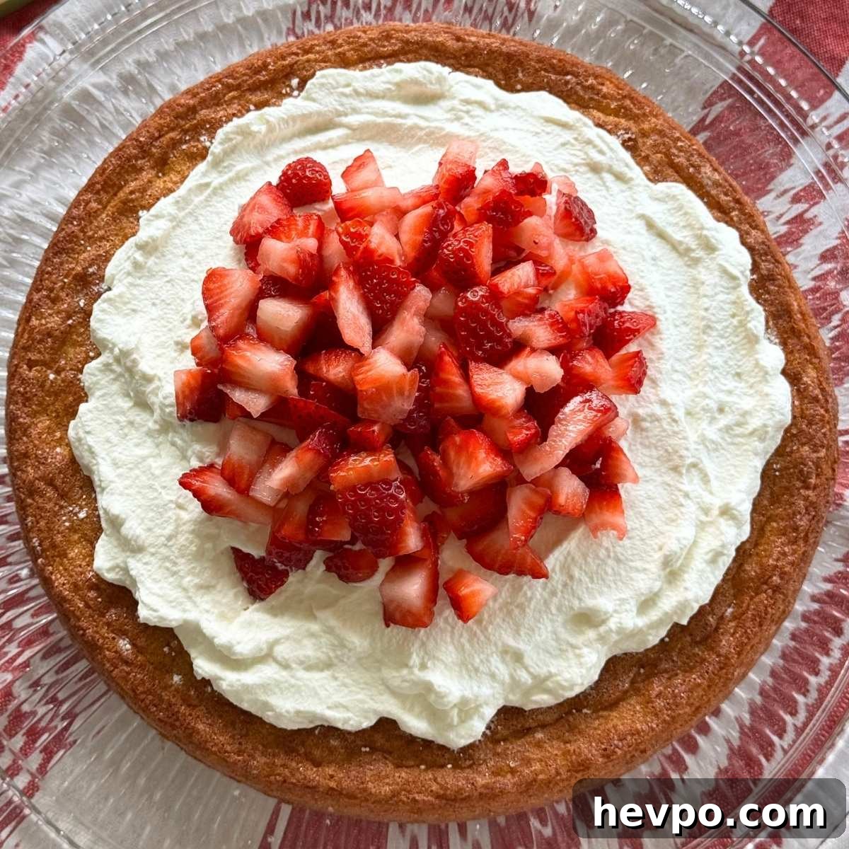 Flourless lemon almond cake topped with whipped cream and chopped strawberries.