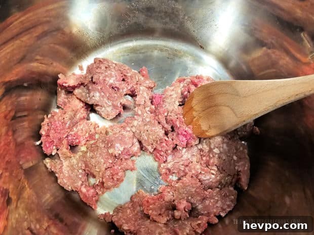 Ground beef cooked and browned in the Instant Pot