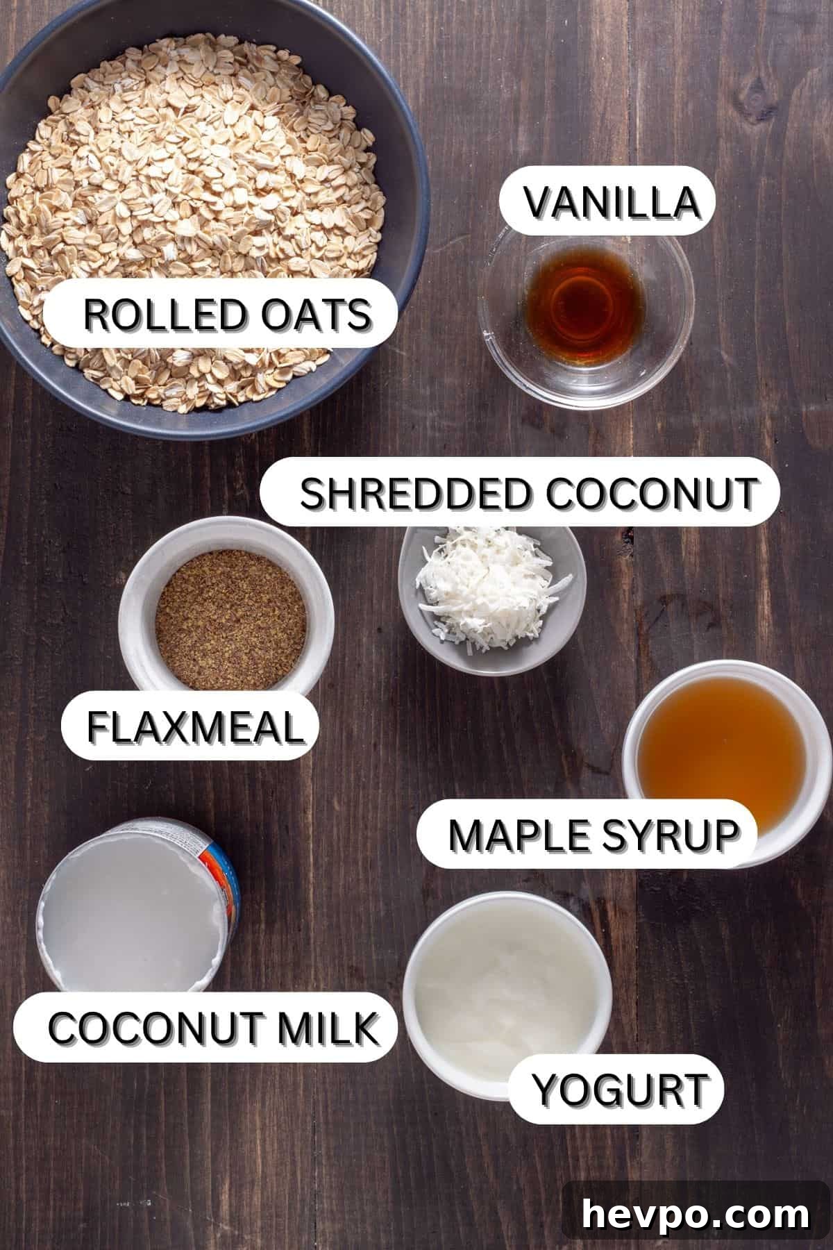 Coconut Milk Overnight Oats Recipe for Creamy Breakfast 3 Ingredients for overnight oats with coconut milk on a dark table.