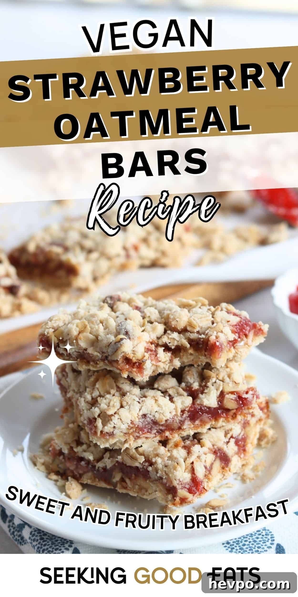Stacked strawberry oatmeal bars with a crumbly oat topping and visible strawberry filling, served on a plate as a baked breakfast bar.