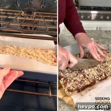 Baking the strawberry oatmeal bars in the oven and then cutting into squares when done.