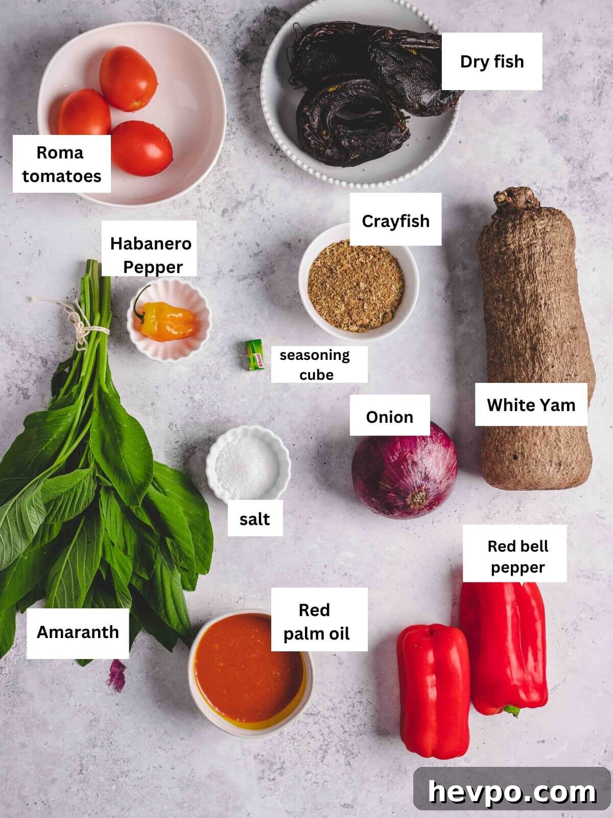 Asaro: Authentic Nigerian Yam Porridge Recipe for Flavorful Comfort 3 ingredients for the asaro recipe on a flat surface.