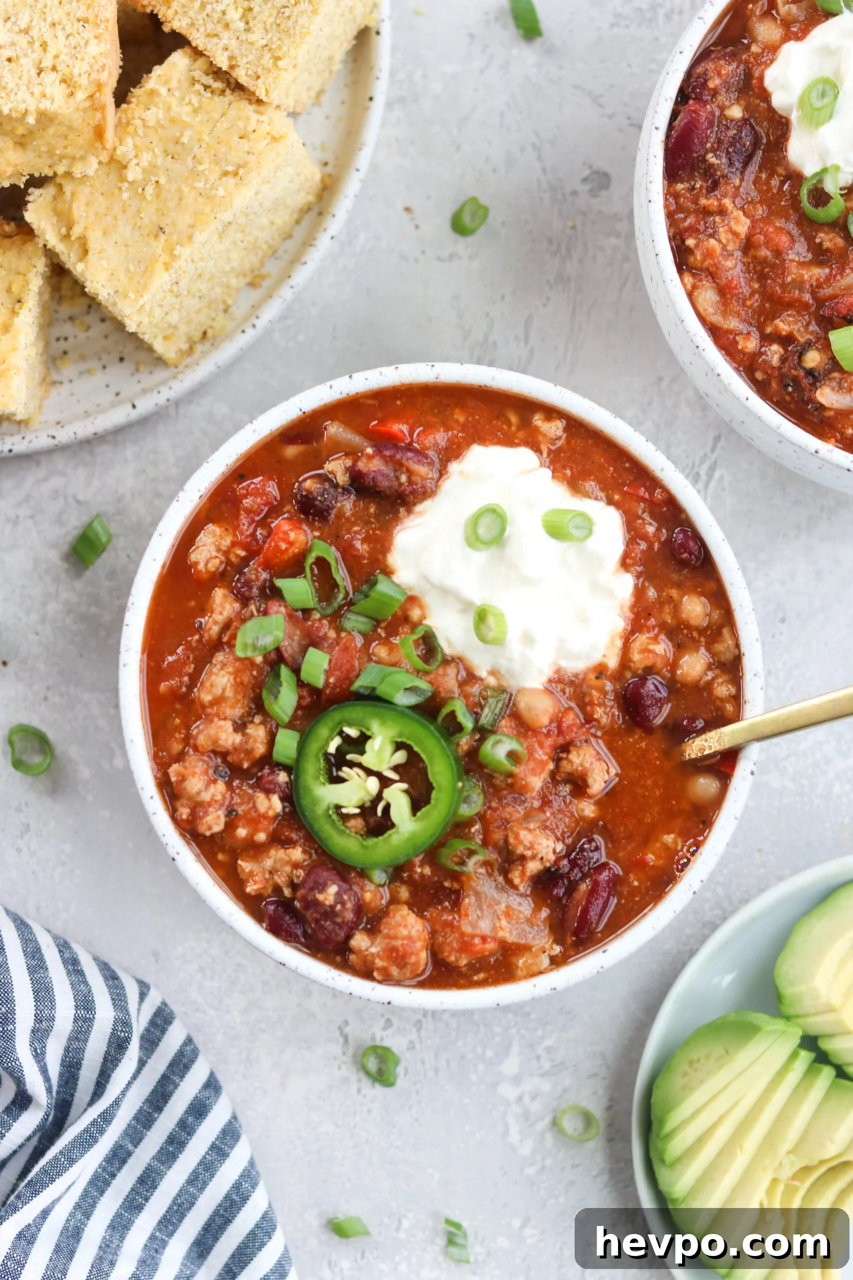 top view of Slow Cooker Turkey Chili with jalapeno