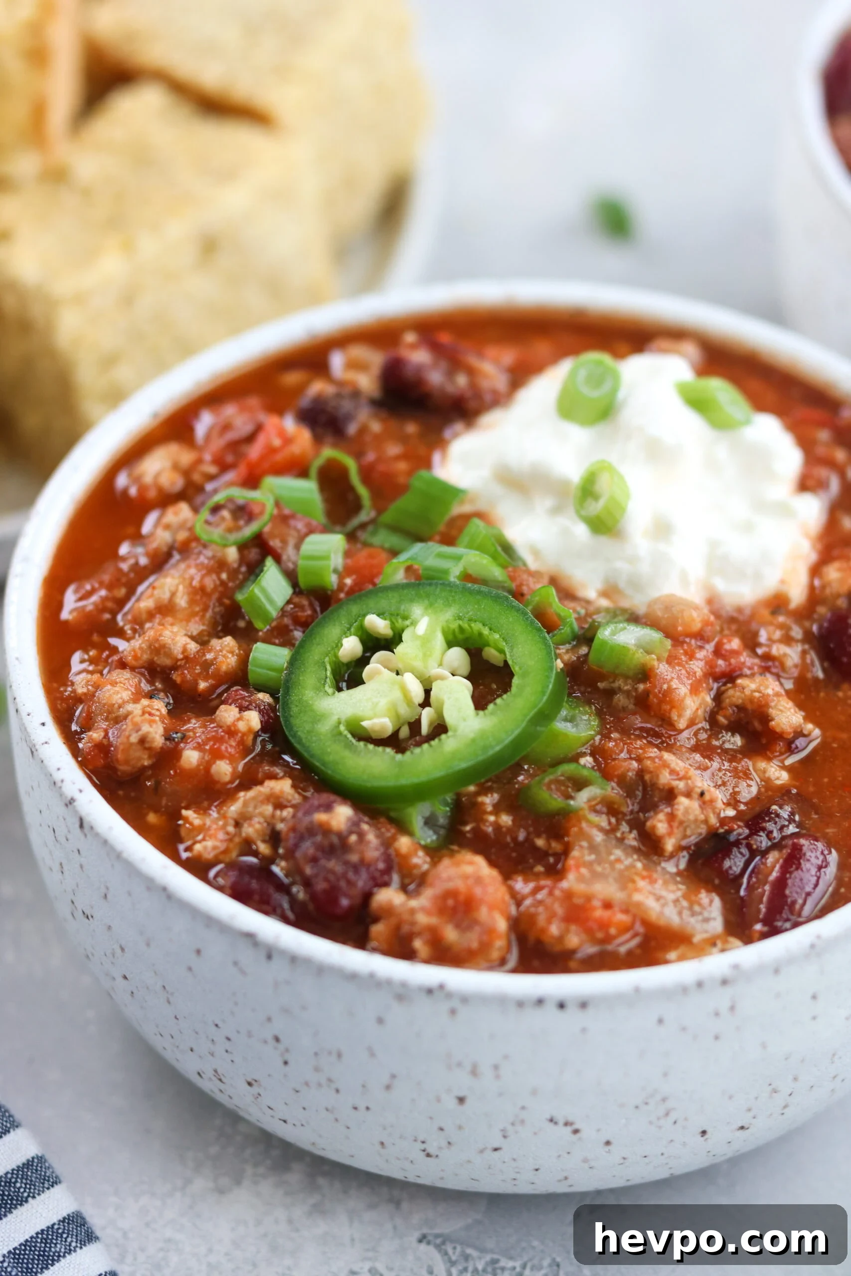 a closer look at a Slow Cooker Turkey Chili with jalapeno