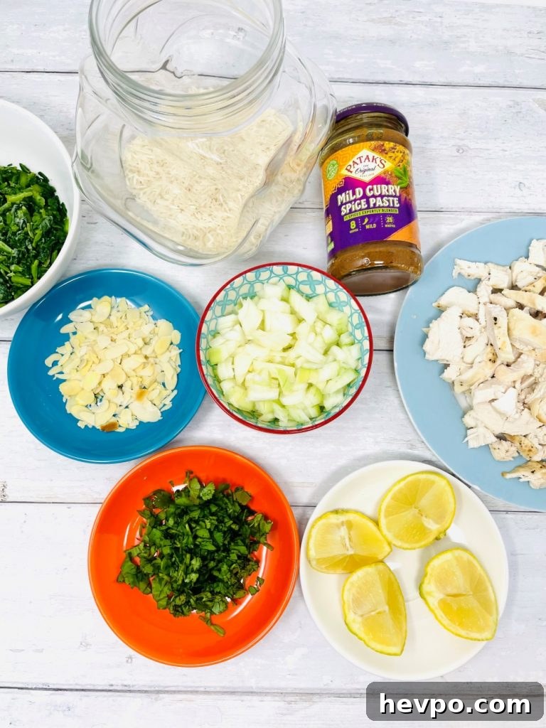 Leftover Turkey Biryani Recipe: Quick Flavorful Turkey Biryani 3 ingredients for leftover turkey biryani - rice, frozen spinach, chopped coriander, diced onion, shredded leftover turkey, slivered almonds and lemon wedges