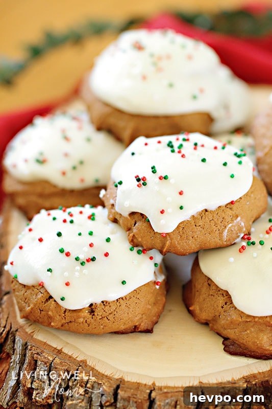 Gluten-Free Frosted Ginger Cookies Recipe — Soft, Spiced Treats 3 Christmas cookies stacked on top of each other