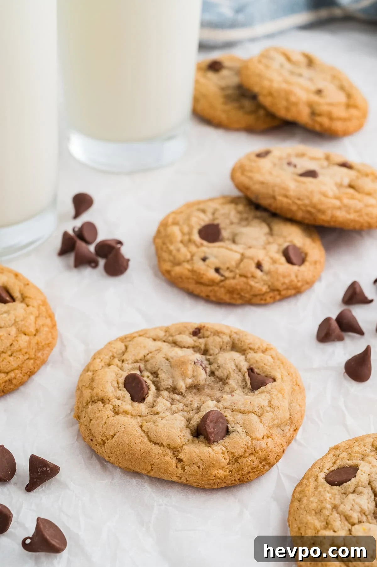 Gluten-Free Chocolate Chip Cookies Loved by Non-GF Eaters 12 Gluten free chocolate chip cookies on a plate with chocolate chips off the plate by the side and milk in the background.