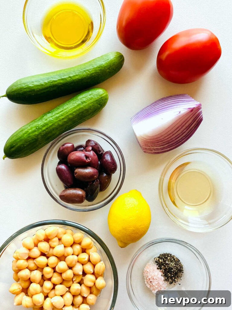 labeled photo of individual ingredients to make mediterranean chickpea salad