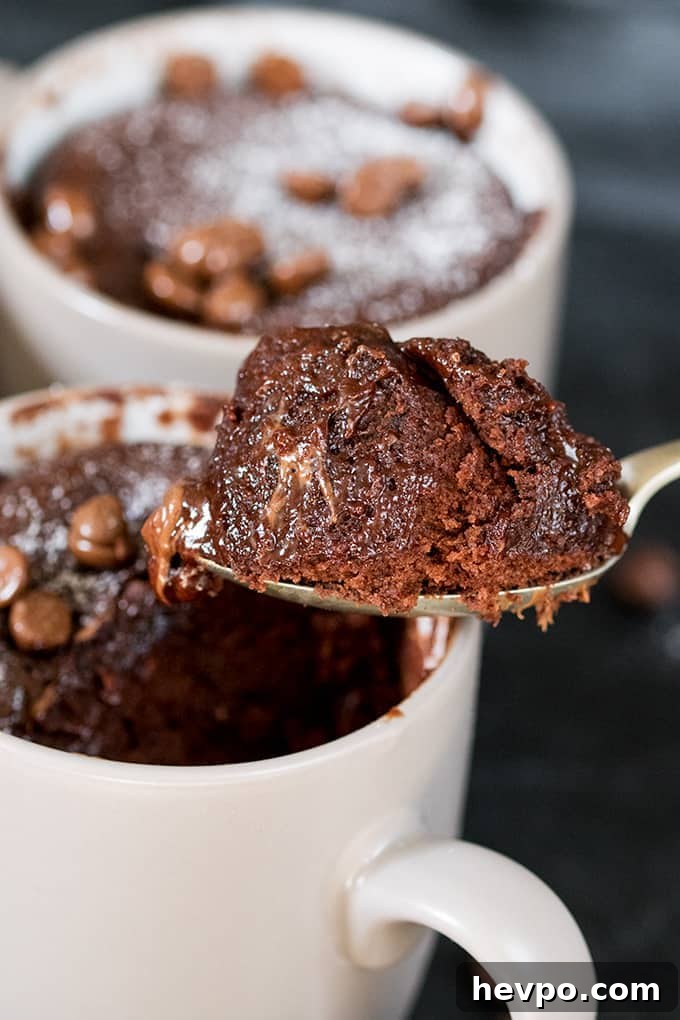 Quick Chocolate Caramel Mug Cake Recipe in 5 Minutes 2 Close up of Chocolate Caramel Mug Cake on a spoon with the mug in the background