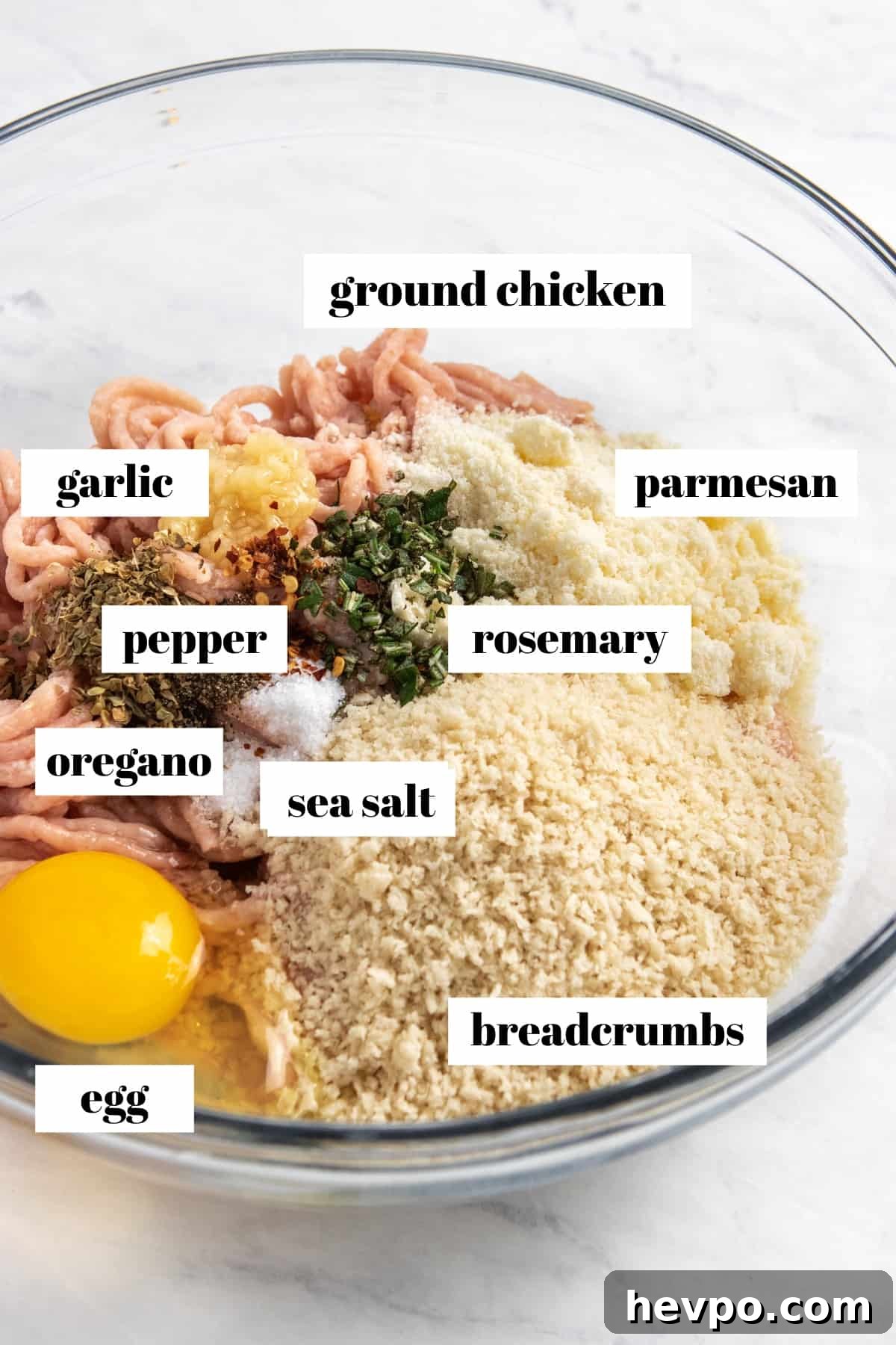 Ground chicken, egg, parmesan, bread crumbs and other ingredients labeled in mixing bowl.