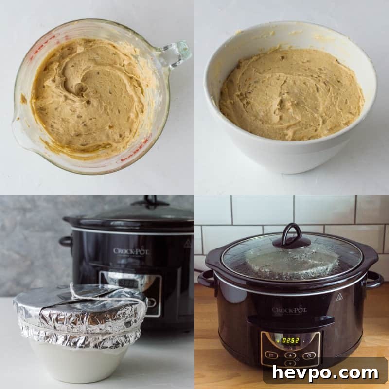 Step-by-steps of making a slow cooker steamed pudding.