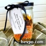 lentil curry soup in a jar with label and ribbon